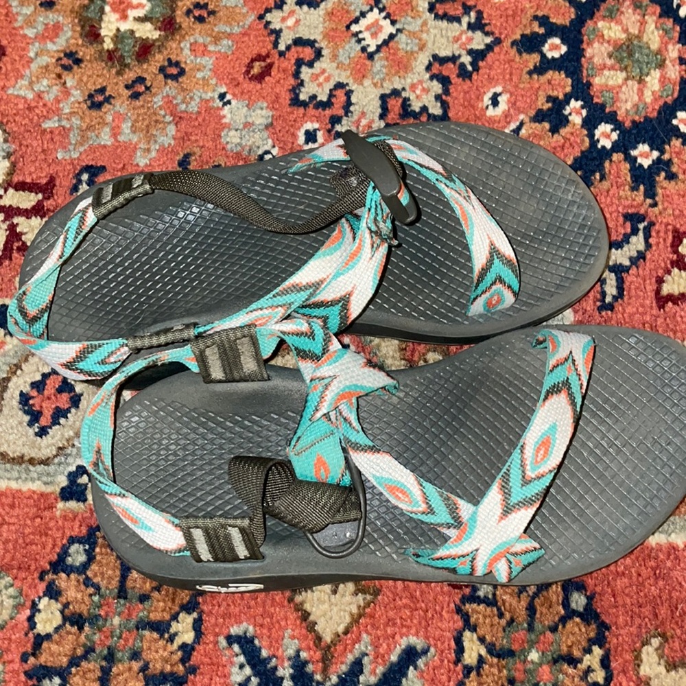 teal and orange chacos